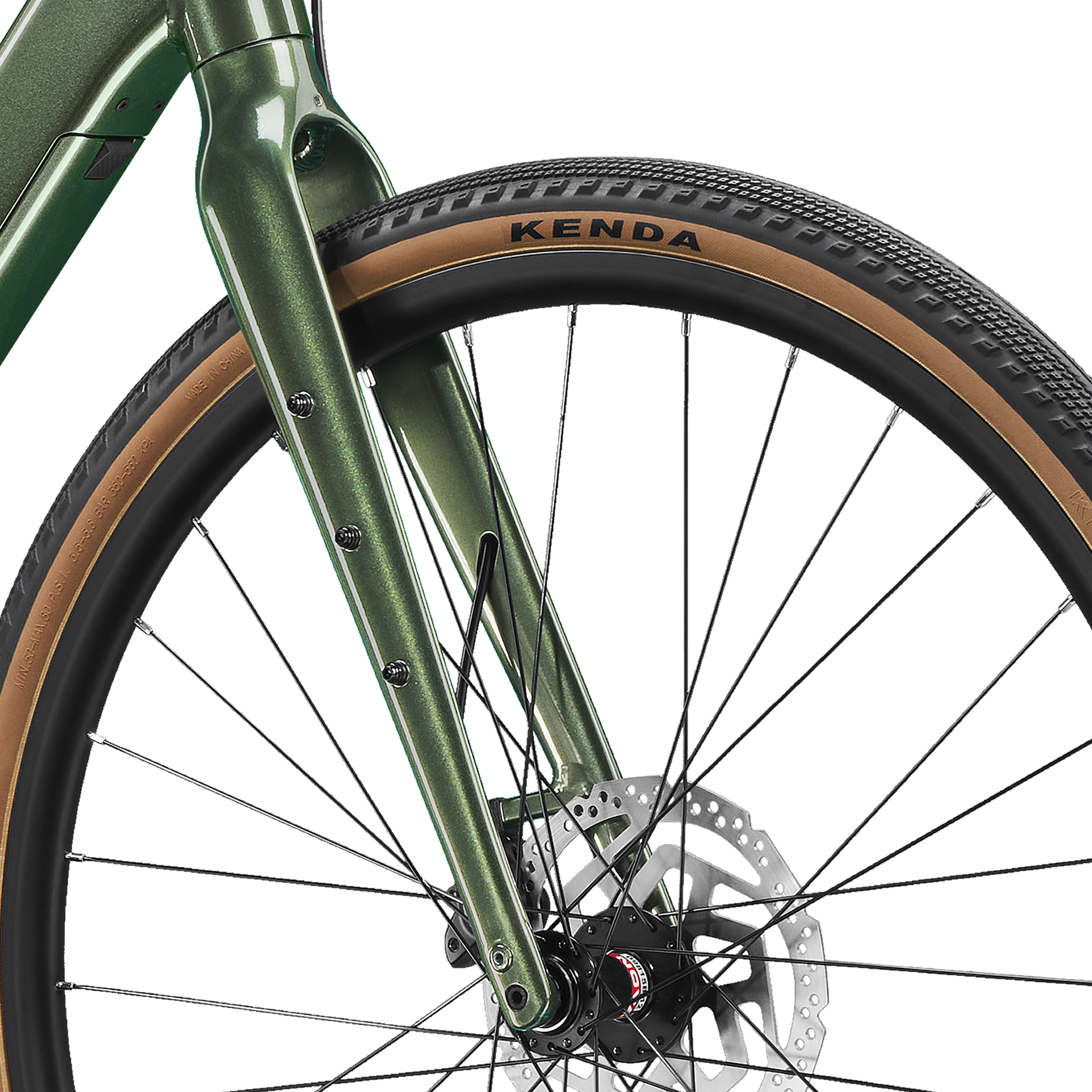 Close-up of a green bicycle front wheel and fork with tan tire and disc brake.