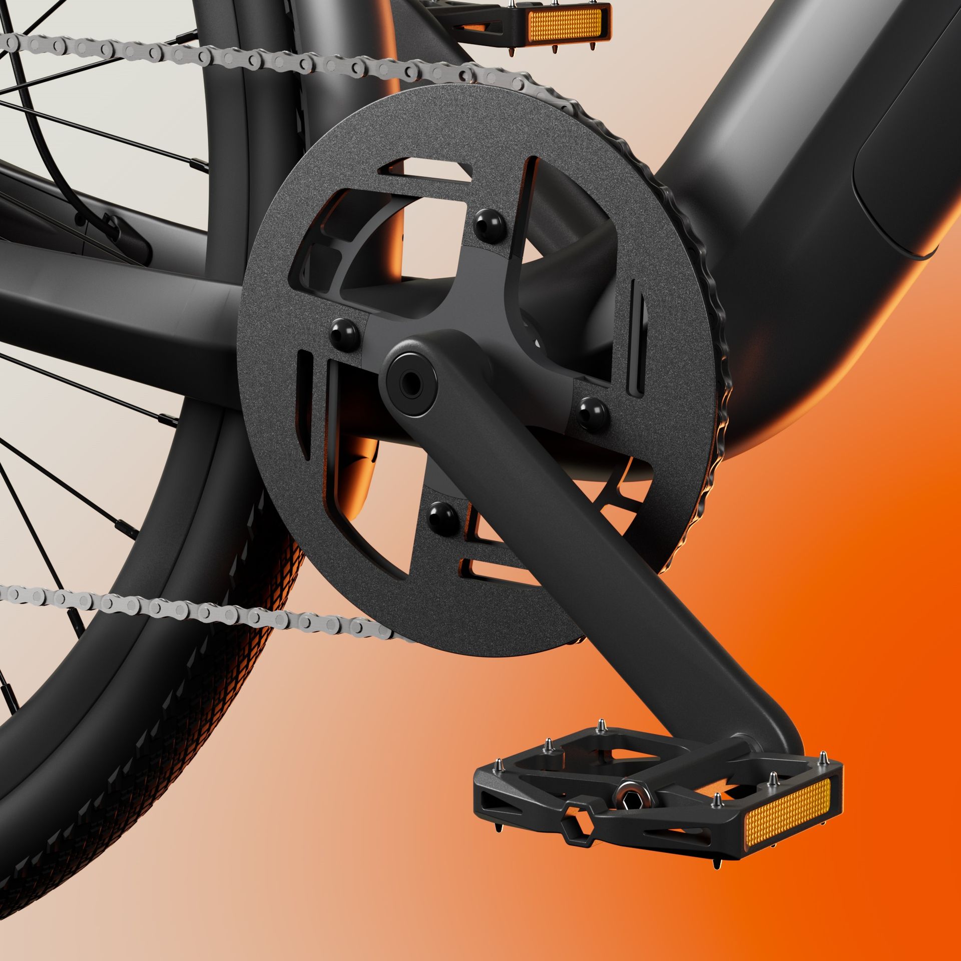 Close-up of a black bicycle crank and pedal against an orange gradient background