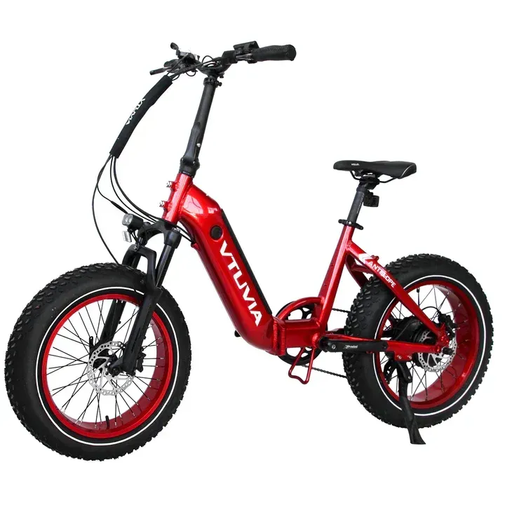 Red electric fat-tire bicycle with a step-through frame and black handlebars on a white background