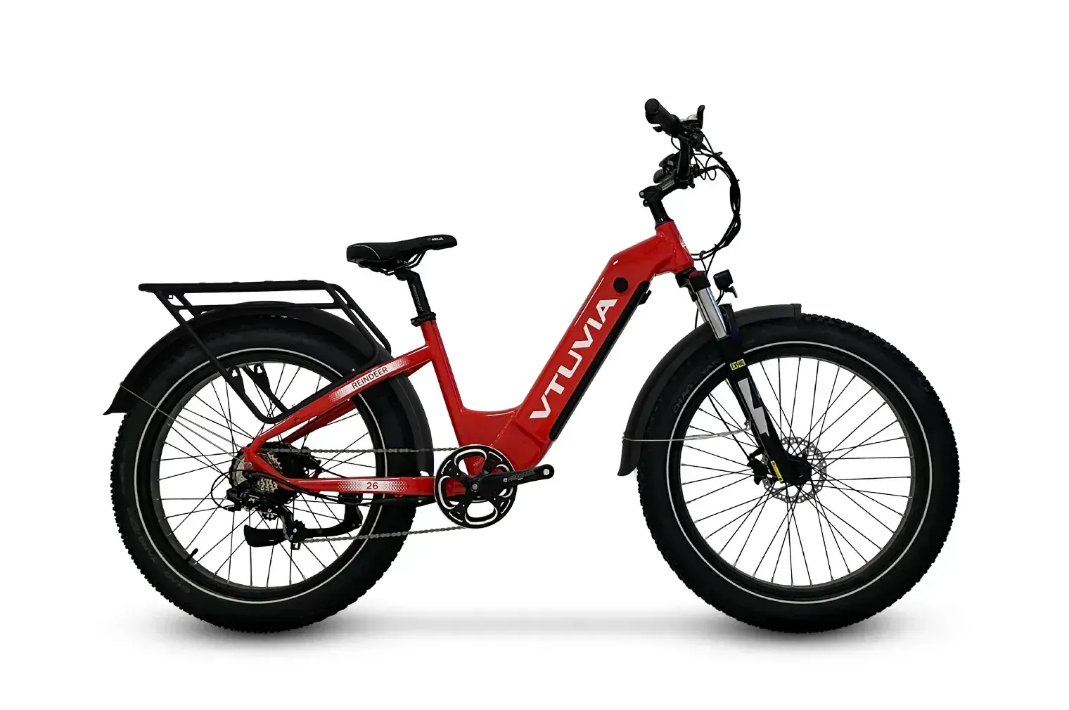 Red e-bike with rear cargo rack, black fenders, and fat tires on a white background