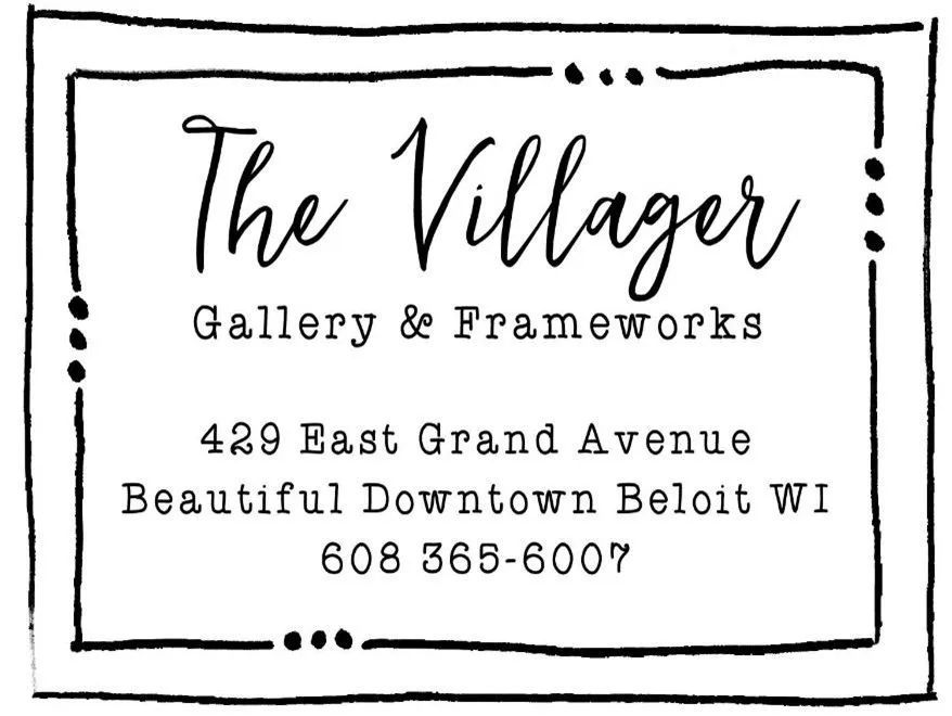 The Villager Gallery & Frameworks sign with address and phone number in black on white