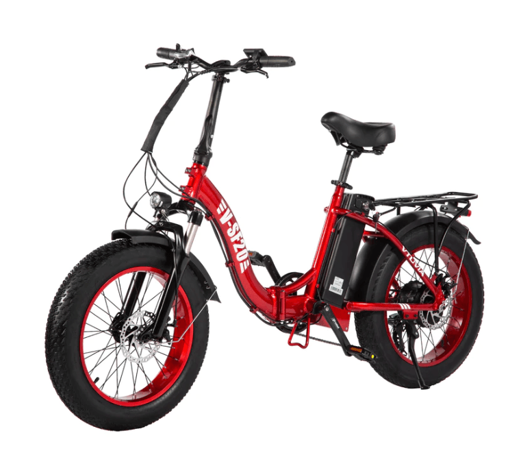 Red folding electric bicycle with fat tires and rear rack on a white background