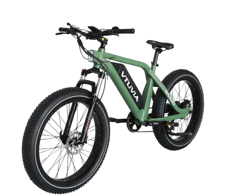 Green VIVMA electric mountain bike on a white background