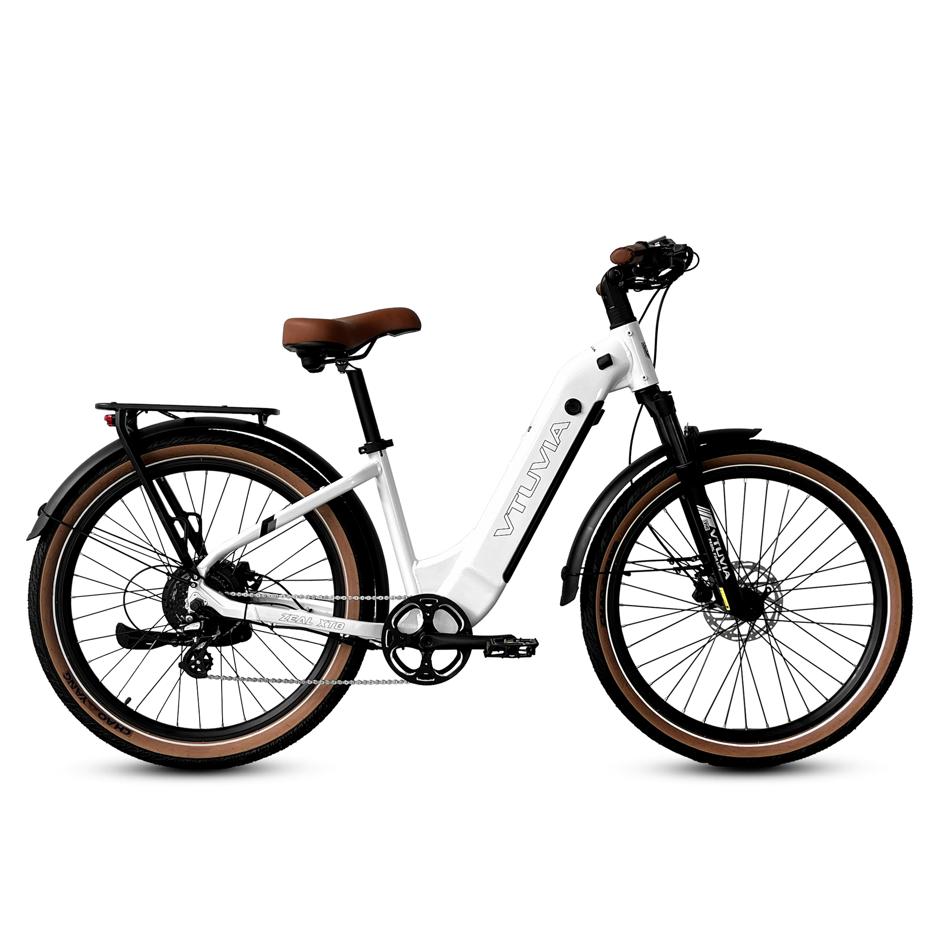 White electric bicycle with brown seat and accents, shown side view on a plain background