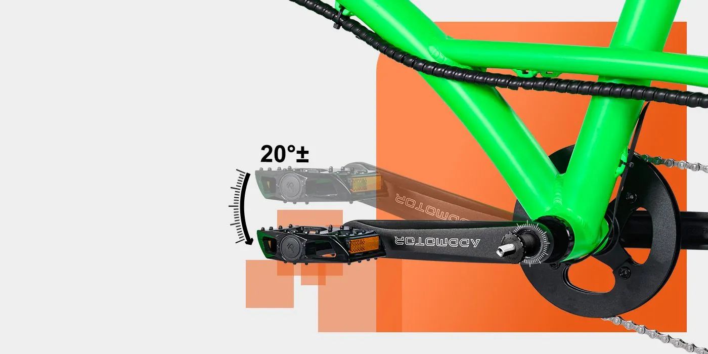 Close-up of a green bicycle frame and crank arm near the bottom bracket, showing a 20° angle marking.