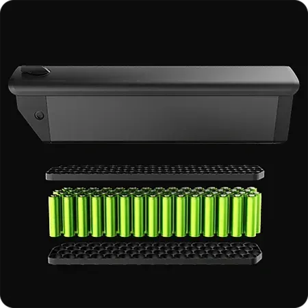 Black battery pack with multiple green AA batteries arranged in rows on a dark background