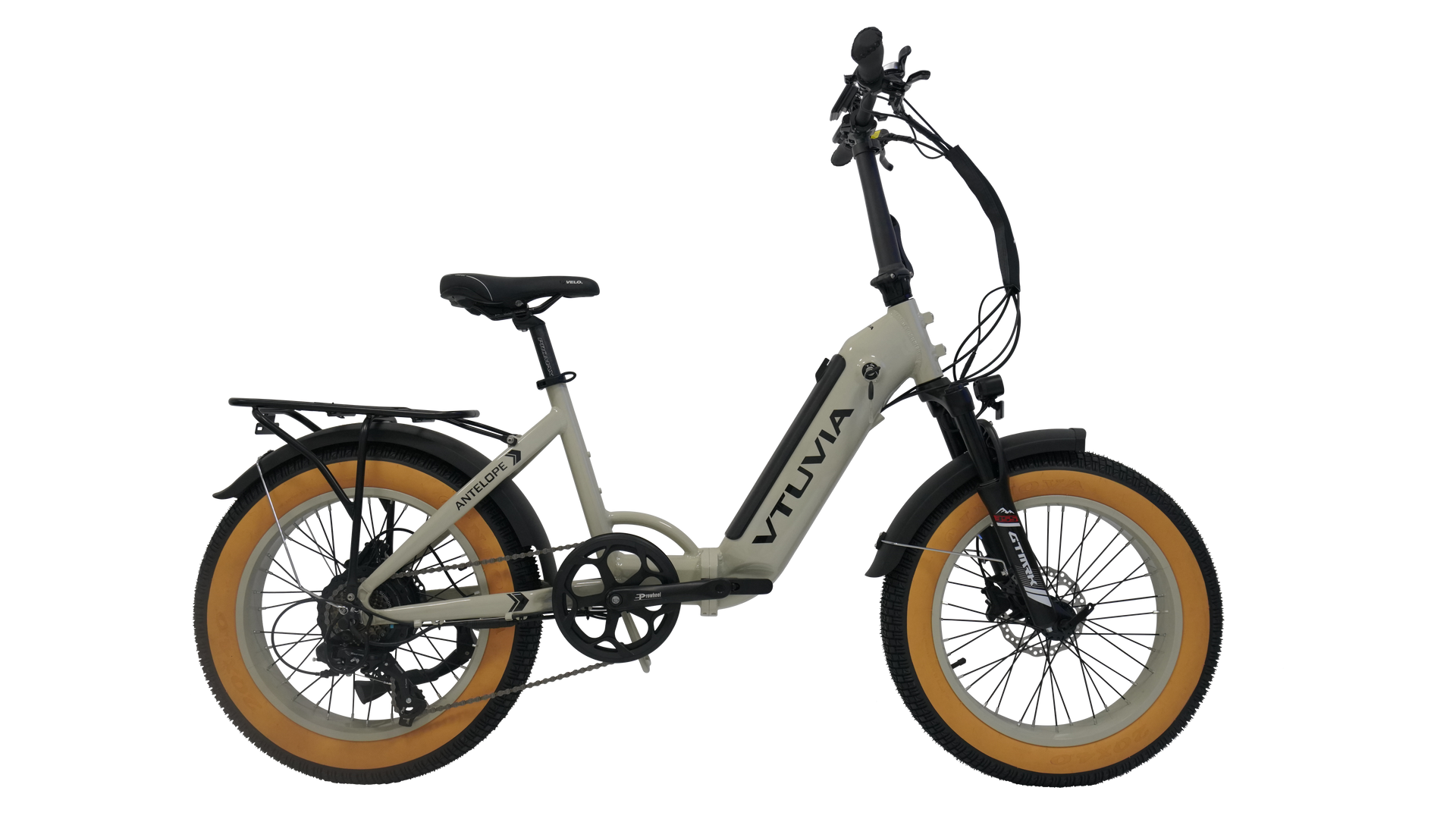 White folding electric bike with black frame and tan tires on a white background