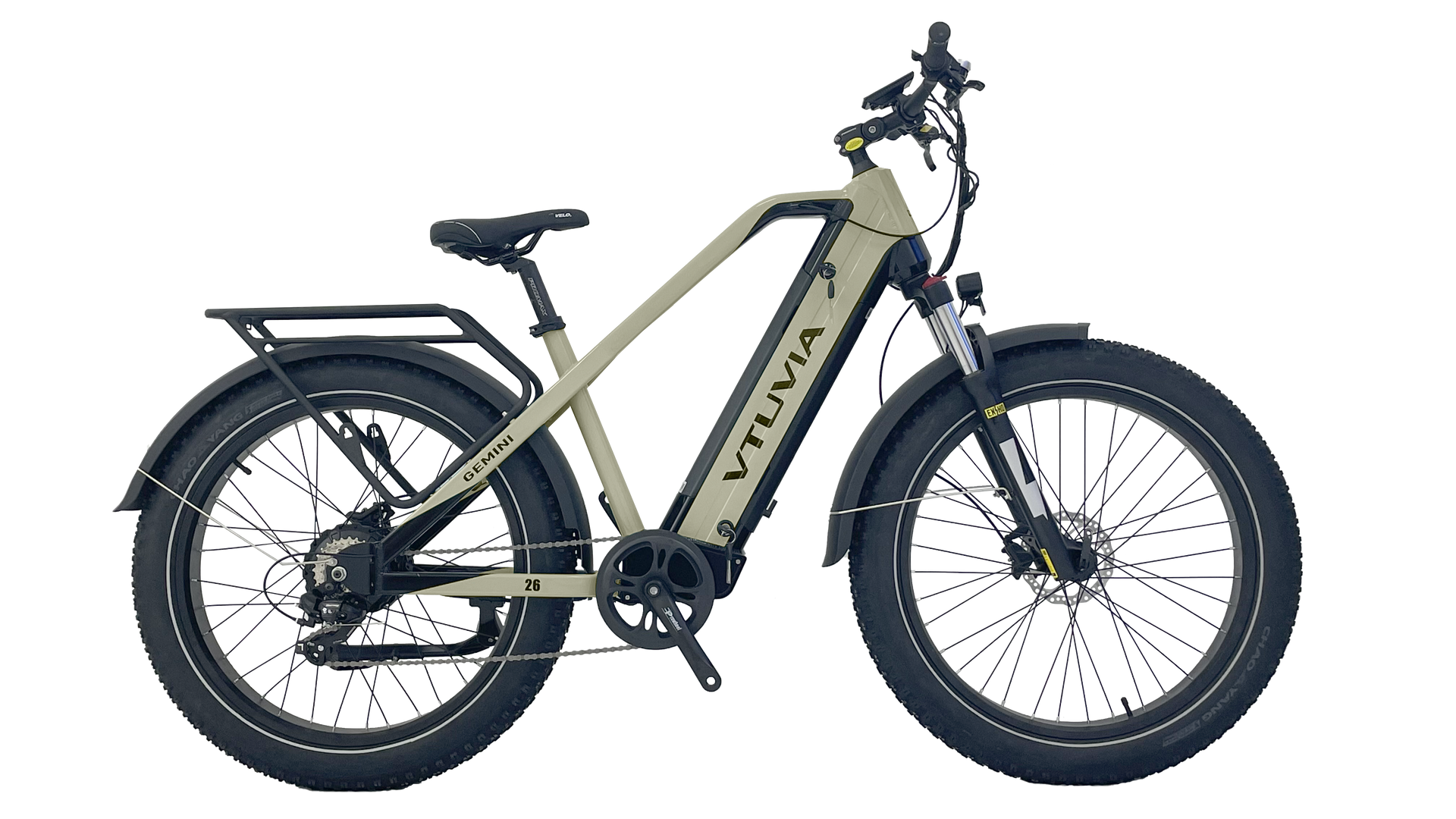 Tan e-bike with black fat tires and rear cargo rack on a white background