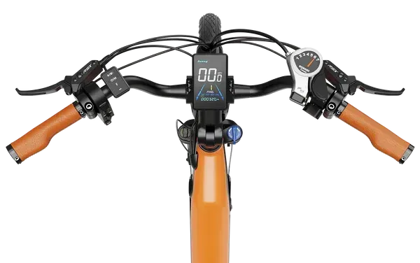 Top view of a bicycle handlebar with brown grips, central display, and front orange frame