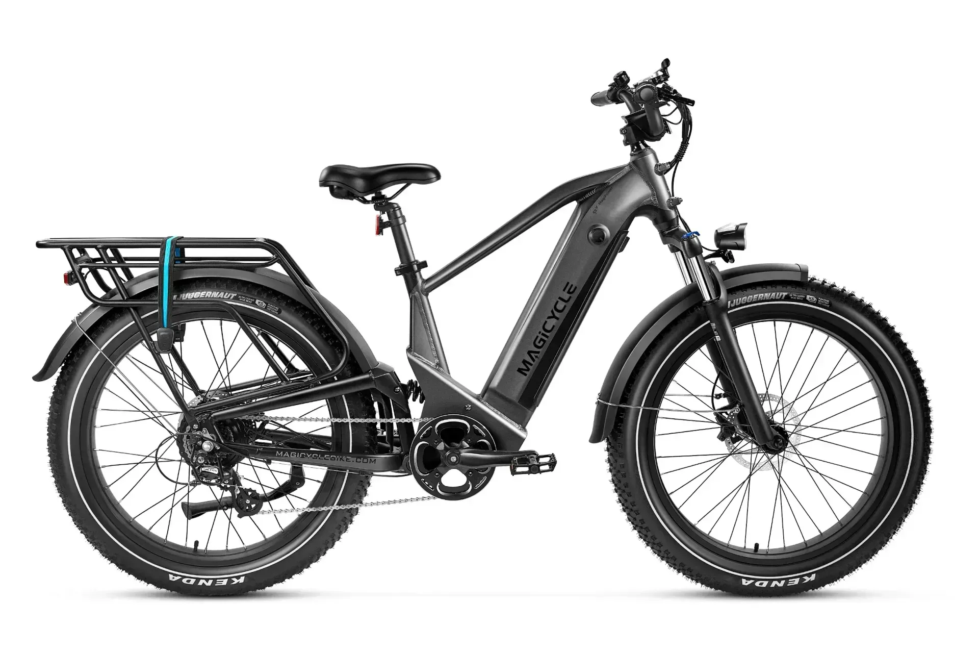 Black electric cargo bike with rear rack and fat tires, side view on a white background