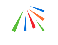 Abstract logo with five colorful diagonal bars fanning out on a white background
