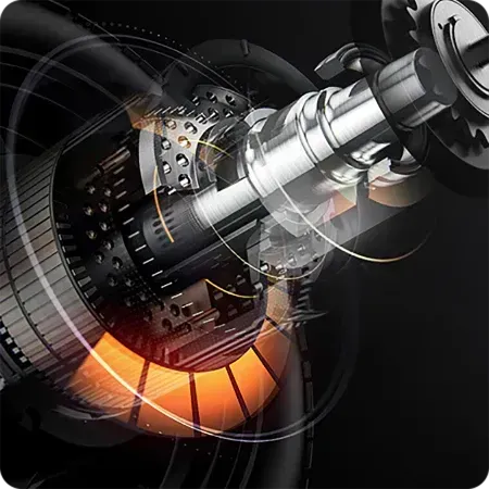 Abstract metallic turbine or engine with glowing orange inner section on a dark background