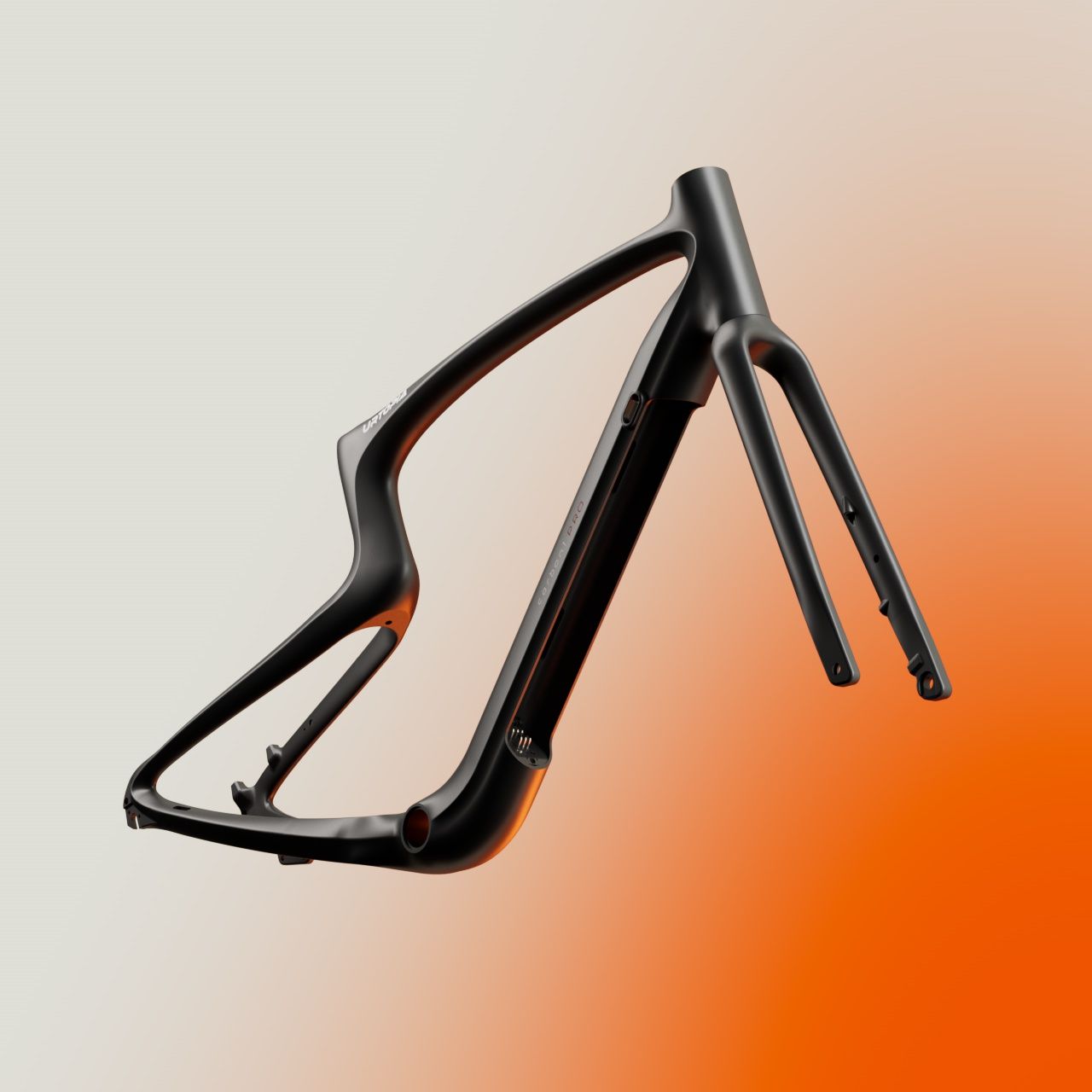 Black carbon road bike frame on a white-to-orange gradient background