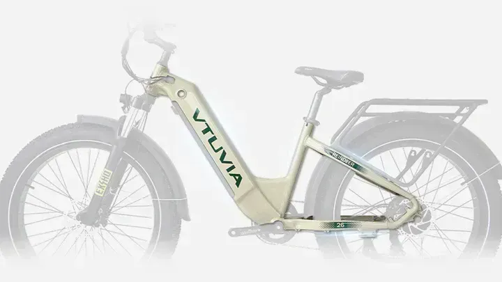 Light green electric cargo bike with rear rack and front basket, side view on white background
