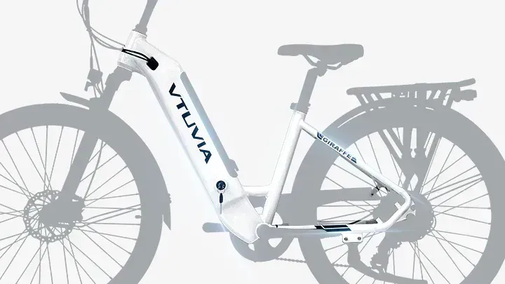 White VTUVIA electric bike with rear cargo rack on a light background