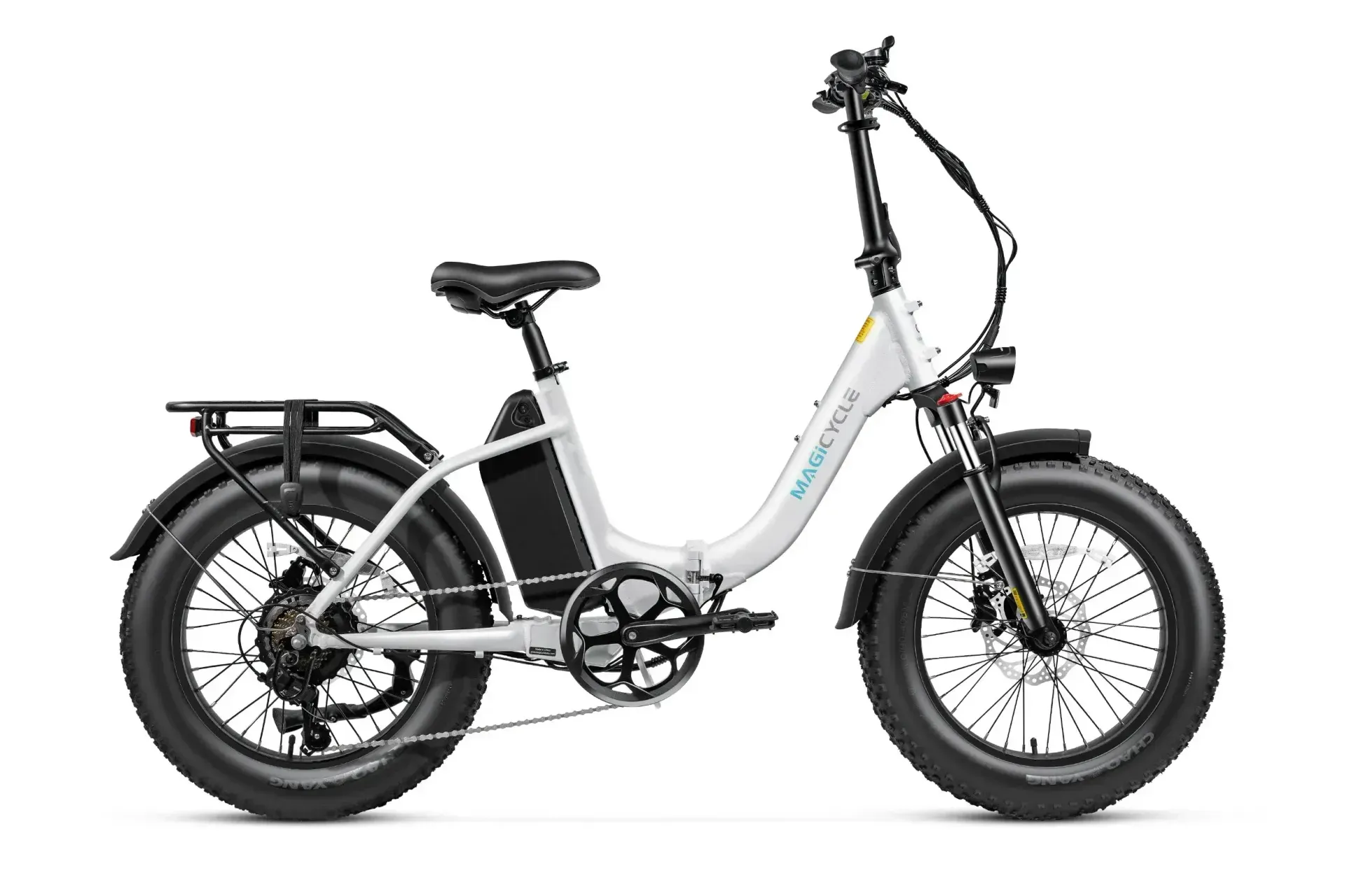 White folding electric bike with fat tires and rear cargo rack on a white background