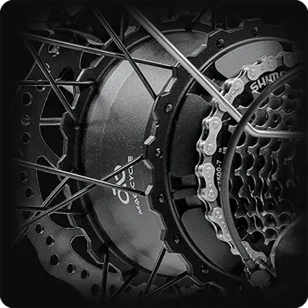 Close-up of a black mountain bike drivetrain and rear wheel with disc brake and cassette chain.