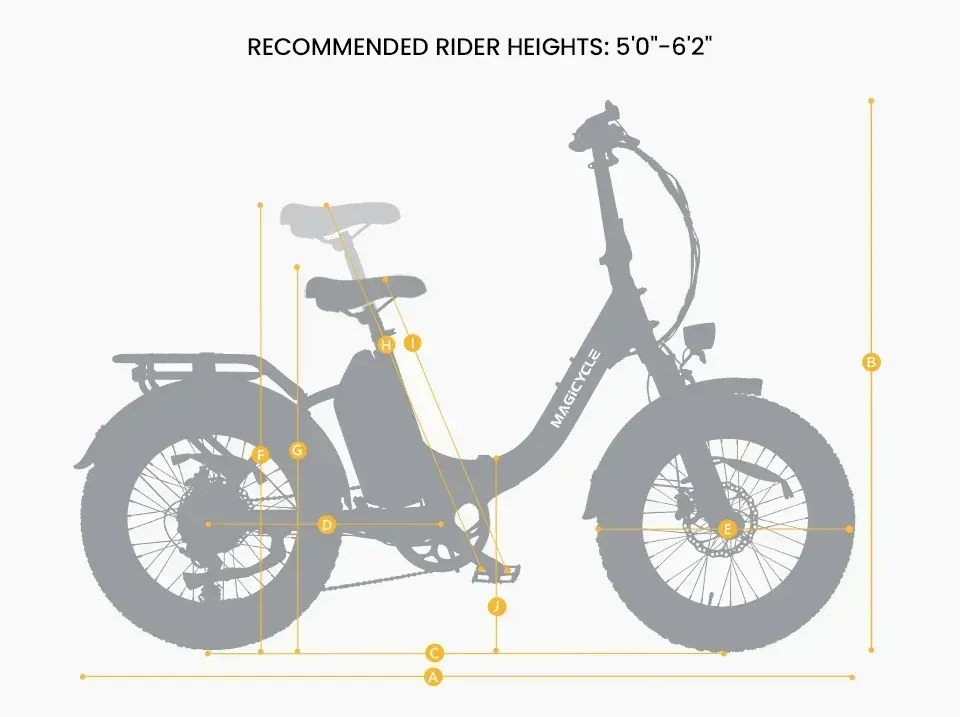 Black side-view cargo e-bike with yellow measurement markers and “recommended rider height 5'0"–5'2"” text