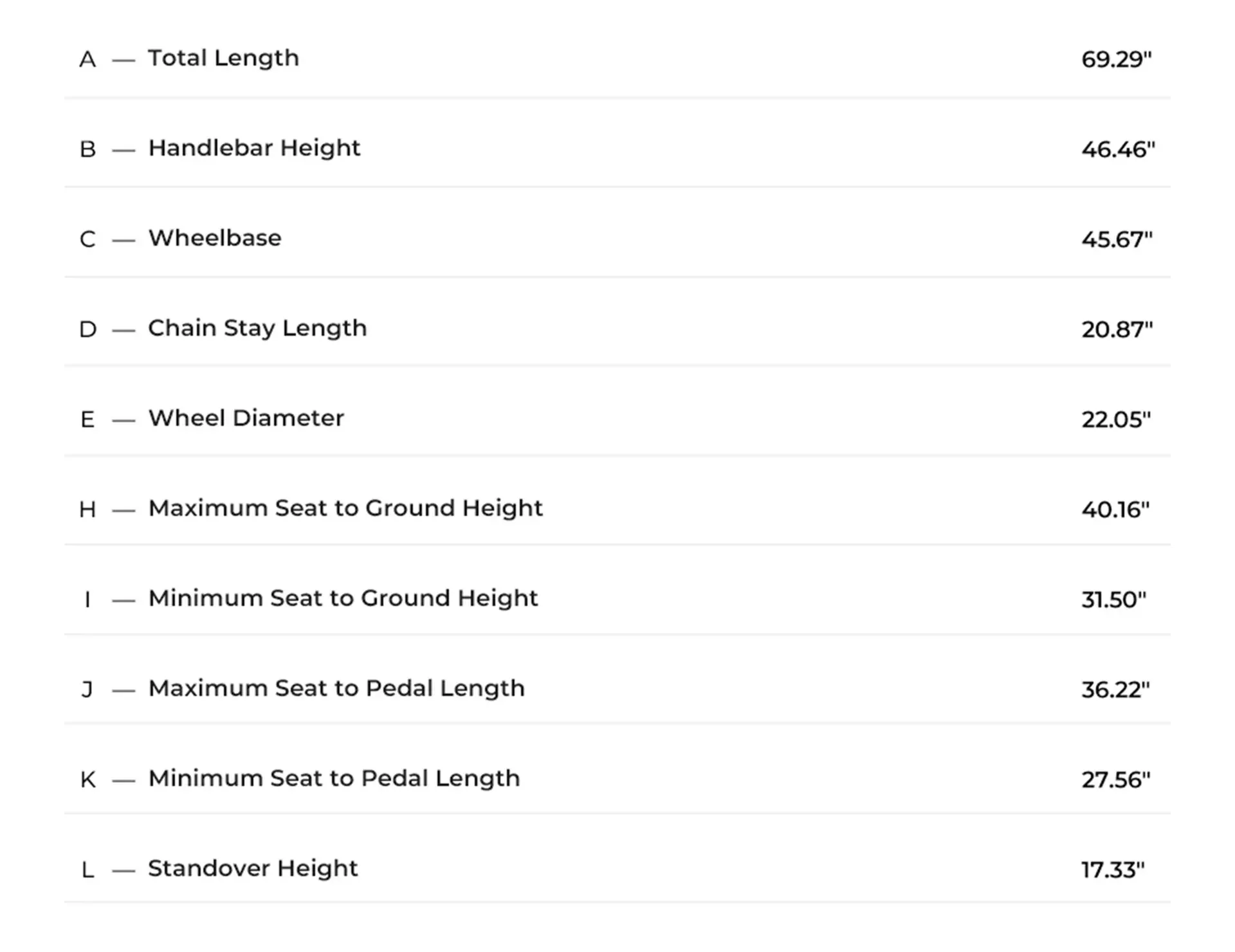 Bicycle geometry chart listing frame measurements and dimensions in a table.