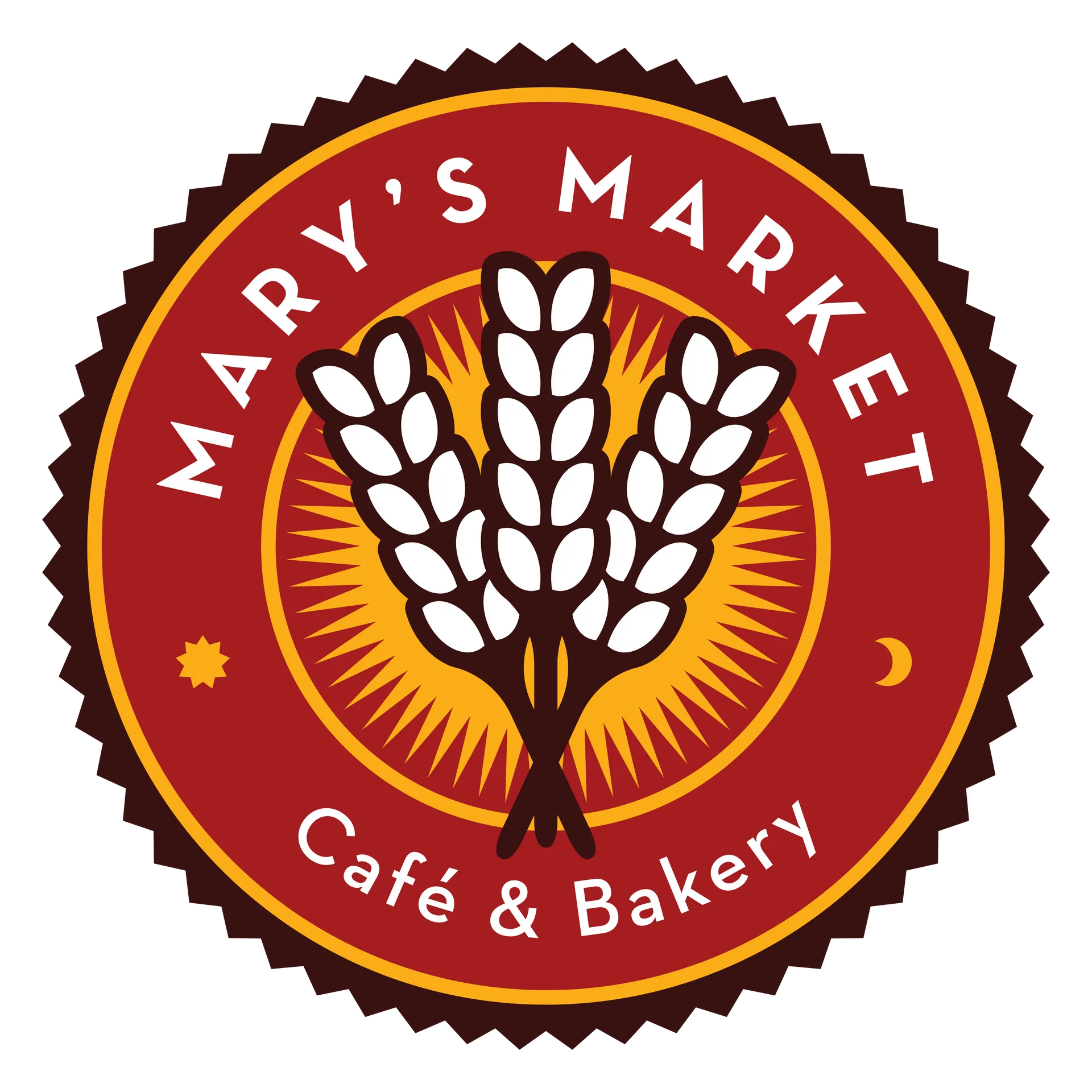 Mary's Market Café & Bakery logo with wheat stalks on a red and gold emblem