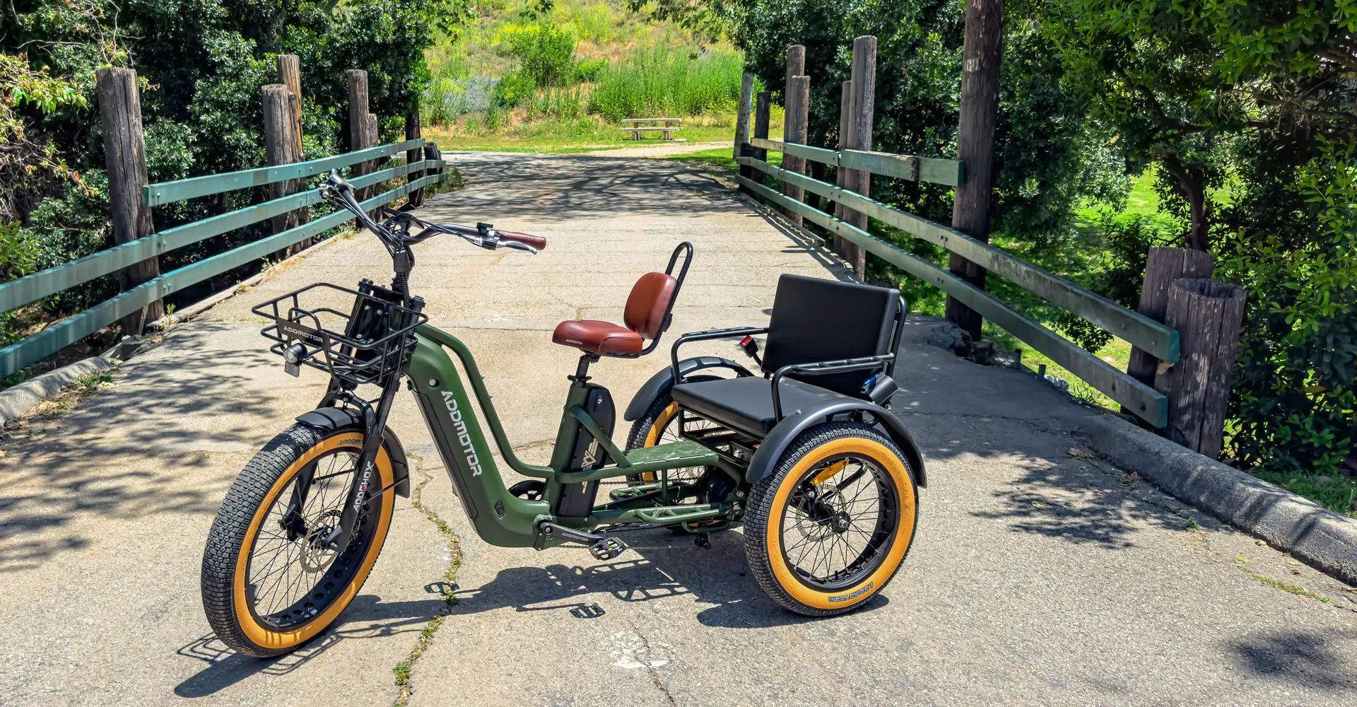 Green three-wheeled electric bike with a rear cargo box parked on a sunlit bridge surrounded by trees