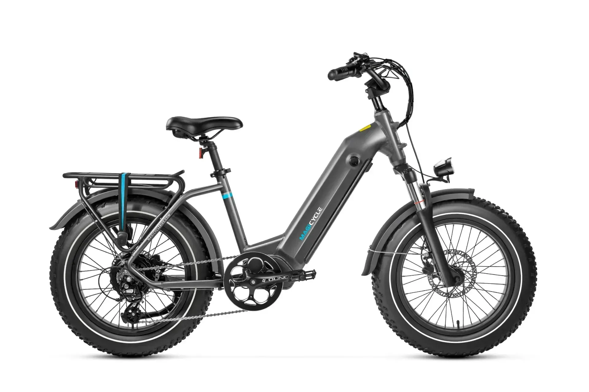 Black fat-tire electric bike with rear cargo rack on a white background