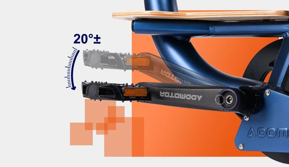 Close-up of a bicycle rear suspension and seat tube, with a 20° angle marking and orange frame details.