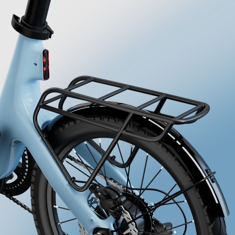 Rear rack and fender on a light blue bicycle wheel against a blue background