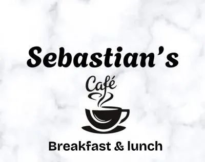 Sebastian’s Café logo with coffee cup icon and “Breakfast & lunch” text on a light marble background