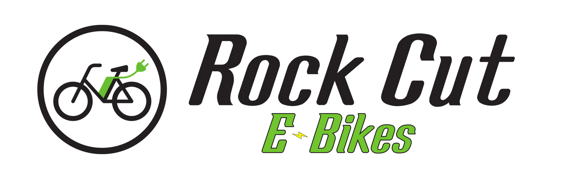 Rock Cut E-Bikes logo with a bicycle icon and black and green text on a white background