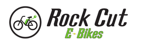 Rock Cut E-Bikes logo with a bicycle icon and black and green text on a white background
