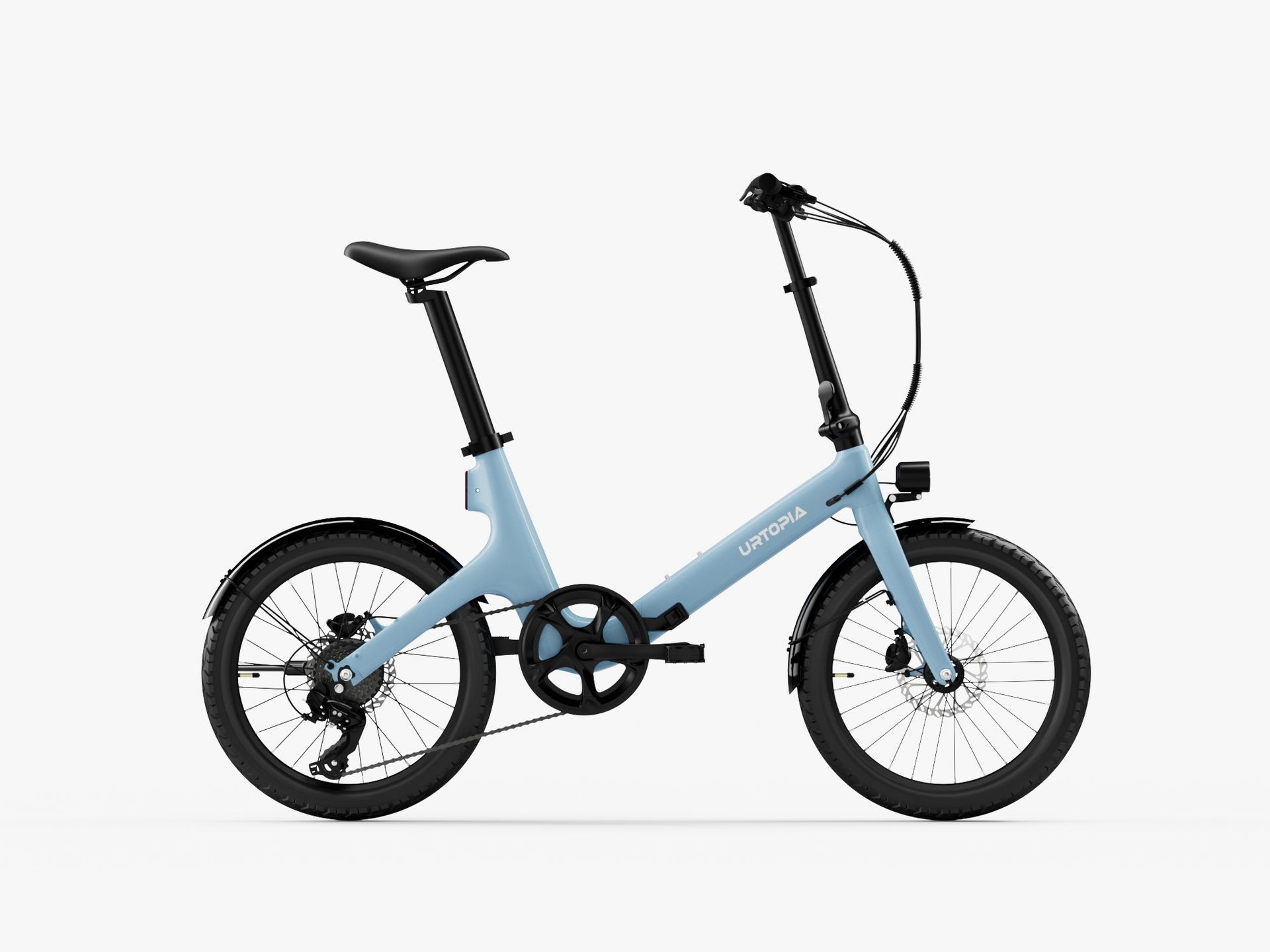 Light blue folding bicycle with black wheels on a white background