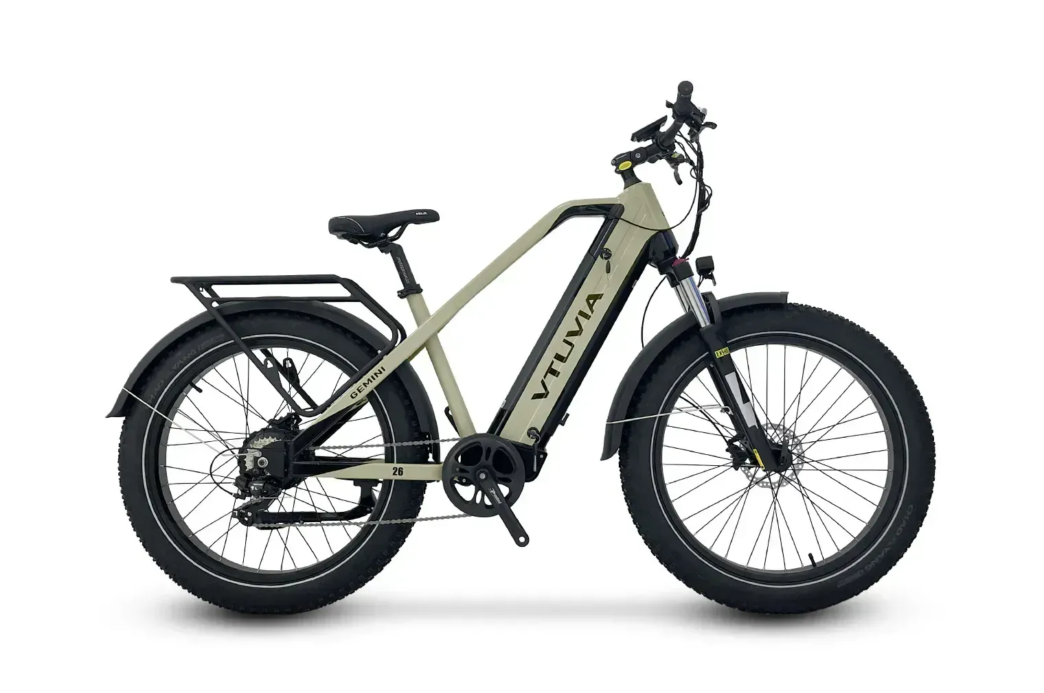 Side view of a beige electric fat-tire bike with rear rack on a white background