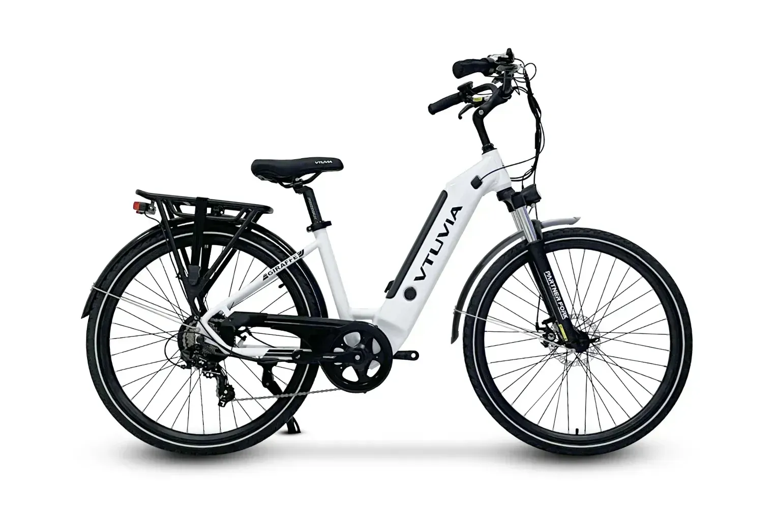 White electric bicycle with black accessories on a white background