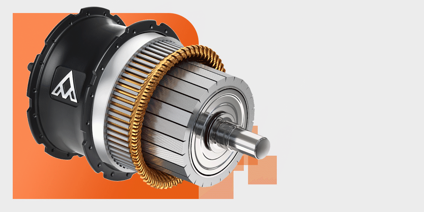 Cutaway of an electric motor with copper coils on a white and orange background