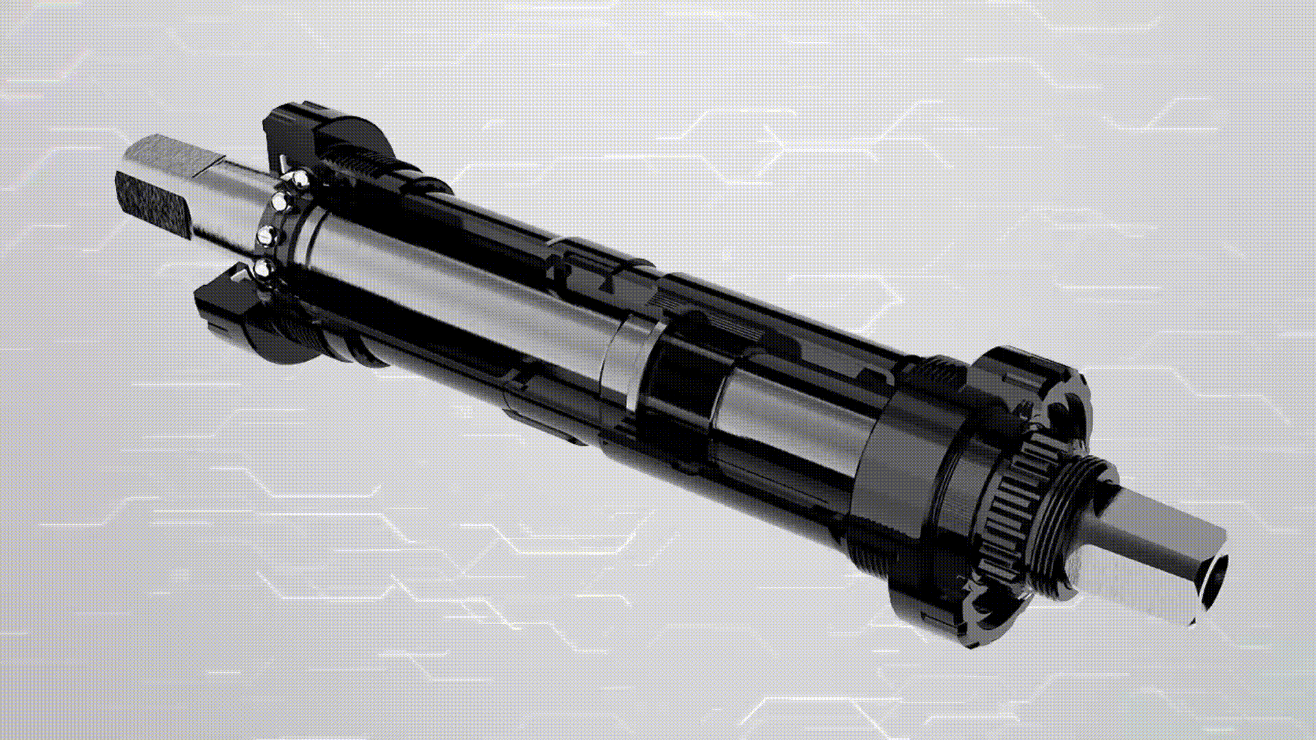 Metal cylindrical mechanical component with black housing and silver shafts on both ends