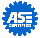 The ase certified logo is blue and white with a gear in the middle.