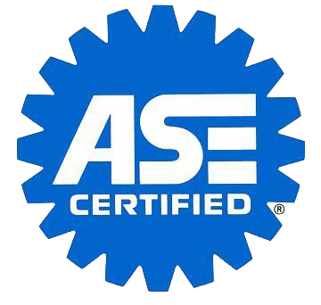 The ase certified logo is blue and white with a gear in the middle.