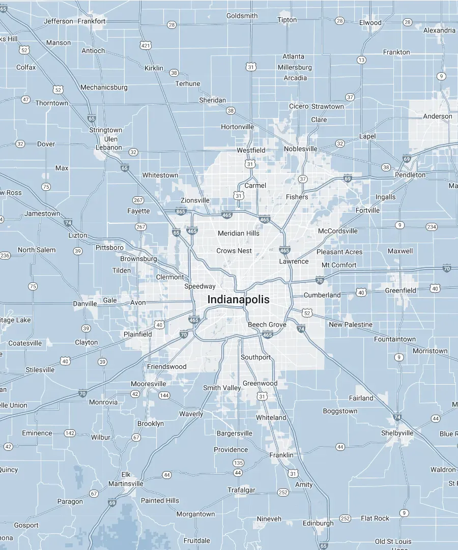 A blue and white map of a city with a lot of roads.