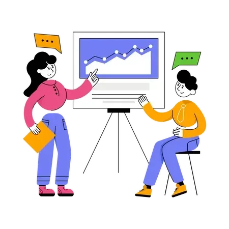 A woman is pointing at a graph on a whiteboard while a man sits in front of it.