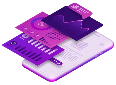 A cell phone with a bunch of purple papers on it