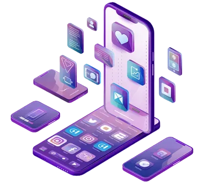 An isometric illustration of a cell phone with social media icons coming out of it.