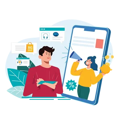 A man is holding a tablet and a woman is holding a megaphone in front of a cell phone.