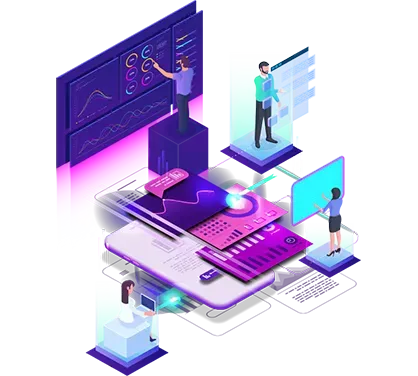 An isometric illustration of a group of people working on a project.