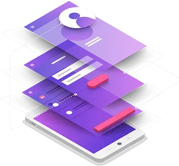 A cell phone with purple screens stacked on top of each other.