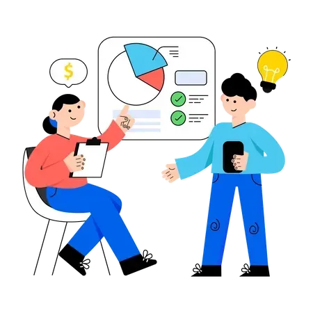 A man and a woman are looking at a pie chart on a whiteboard.