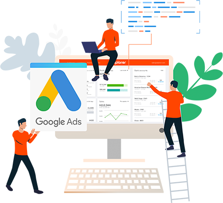 A group of people are working on a computer with a google ads logo.