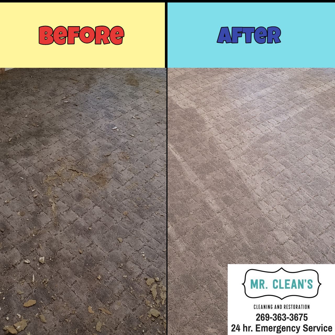 Before-and-after of a carpet cleaning. Left side shows a dirty carpet, right side shows a clean carpet. Mr. Clean's logo at bottom.
