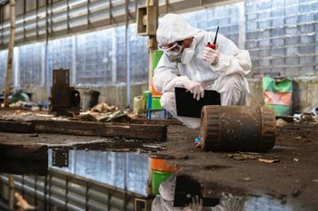 Woman Is Cleaning an Air Conditioner | Watervliet, MI | Mr. Cleans Restoration Person in protective suit inspects a hazardous waste site, holding a radio and clipboard.