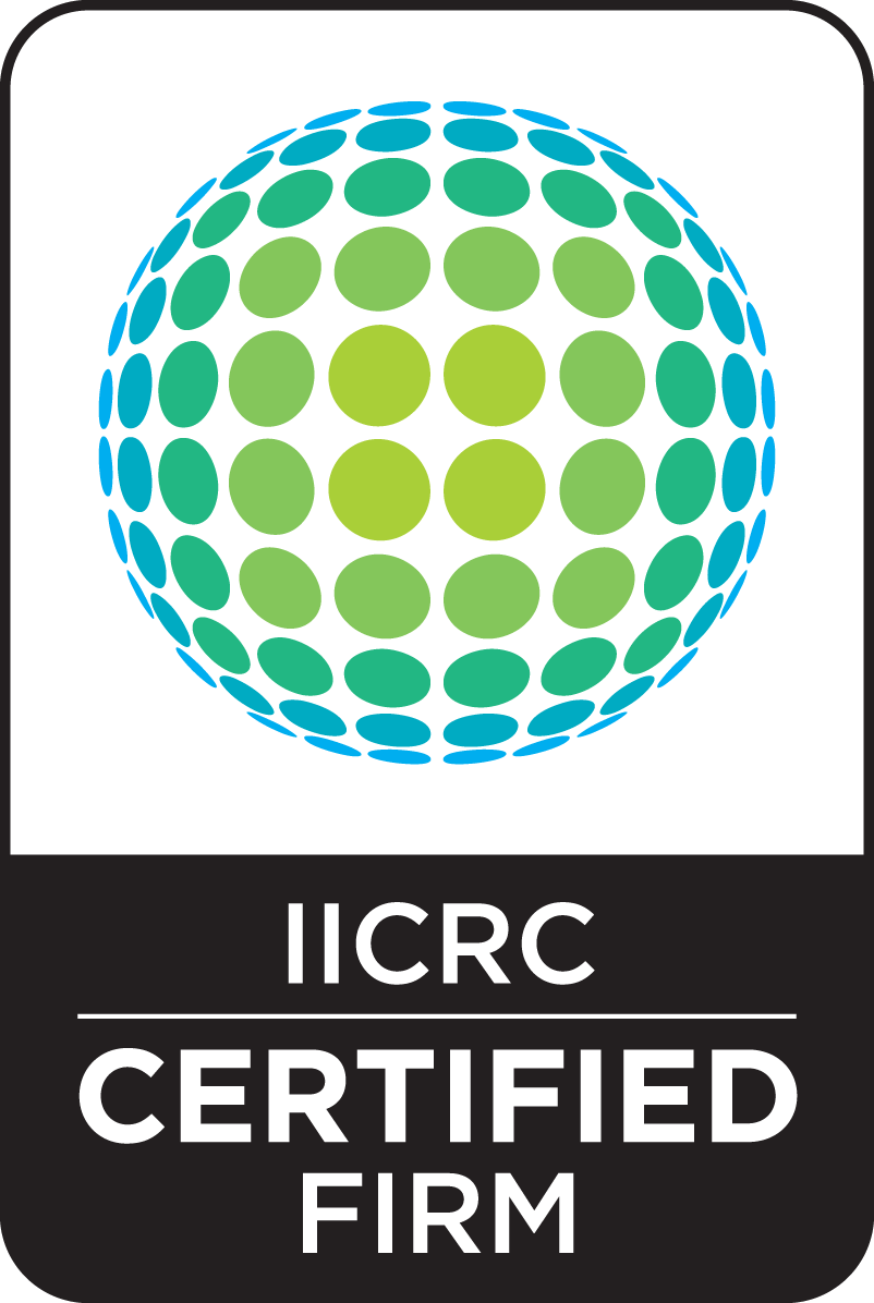 IICRC Certified Firm logo: Green and blue globe, black background.